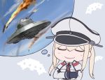  1girl black_gloves blonde_hair blush capelet closed_eyes crossed_arms gloves graf_zeppelin_(kantai_collection) hair_between_eyes hat imagining kantai_collection long_hair long_sleeves military military_uniform peaked_cap rokuwata_tomoe sidelocks smile solo twintails ufo uniform upper_body 