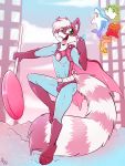 2020 anthro blue_clothing bulge clothed clothing fangs fuf fully_clothed fur green_eyes hi_res holding_object male mammal outside pink_cape pink_clothing pink_ears pink_tail pink_tongue procyonid raccoon ringtail teeth tongue two_tone_tail white_body white_fur white_tail 