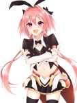  1boy astolfo_(fate) astolfo_(saber)_(fate) bangs black_bow black_gloves black_legwear black_ribbon blush bow bowtie commentary_request crossed_arms eyebrows_visible_through_hair fang fate/grand_order fate_(series) gloves hair_between_eyes hair_bow hair_intakes hair_ribbon highres long_hair looking_at_viewer male_focus midriff multicolored_hair navel nerua otoko_no_ko pink_hair purple_eyes ribbon simple_background smile solo streaked_hair thighhighs twintails white_background white_hair 