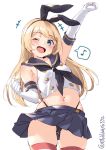  +++ 1girl arm_up black_neckwear blonde_hair blue_eyes blue_sailor_collar blue_skirt blush collarbone cosplay cowboy_shot crop_top ebifurya eighth_note elbow_gloves eyebrows_visible_through_hair gloves highres jervis_(kantai_collection) kantai_collection long_hair midriff musical_note navel neckerchief one_eye_closed open_mouth pleated_skirt sailor_collar school_uniform serafuku shimakaze_(kantai_collection) shimakaze_(kantai_collection)_(cosplay) simple_background skirt sleeveless smile solo spoken_musical_note striped striped_legwear thighhighs twitter_username white_background white_gloves 