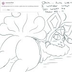  1:1 alolan_vulpix ambiguous_gender ask_blog black_and_white bottomless brina_(h2o2) butt clothed clothed_feral clothing cute_fangs dialogue eeveelution english_text eyelashes feral glaceon h2o2 hi_res hybrid looking_at_viewer looking_back monochrome multi_tail nintendo pok&eacute;mon pok&eacute;mon_(species) raised_tail regional_form_(pok&eacute;mon) sketch snout solo talking_to_viewer text video_games 