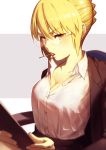  absurdres artoria_pendragon_(all) bespectacled blonde_hair bra breasts candy cleavage collarbone commentary_request eyebrows_visible_through_hair fate/grand_order fate_(series) food glasses highres lollipop looking_at_viewer medium_breasts nakanishi_tatsuya saber_alter see-through shirt short_hair solo underwear white_shirt yellow_eyes 