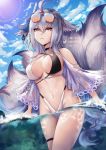  1girl absurdres animal_ears aviator_sunglasses azur_lane bikini black_choker blue_sky breasts choker closed_mouth criss-cross_halter eyewear_on_head fluffy fox_mask fox_tail halterneck highleg highleg_bikini highres in_water large_breasts long_hair looking_at_viewer mask mask_on_head multiple_tails navel sky solo sunglasses swimsuit tail thick_eyebrows tini tosa_(azur_lane) tosa_(hometown_zest)_(azur_lane) two-tone_bikini very_long_hair 