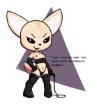  aggressive_retsuko boots breasts canid canine clothing domination dominatrix dominatrix_outfit exposed_breasts female fennec fenneko footwear fox gloves handwear humanoid krucification leather mammal sanrio solo speech_bubble text whip 