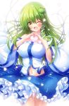  1girl ;d bangs blue_skirt blush breasts commentary_request cowboy_shot detached_sleeves eyebrows_visible_through_hair frog_hair_ornament green_hair hair_between_eyes hair_ornament highres kochiya_sanae large_breasts long_hair long_sleeves looking_at_viewer navel one_eye_closed open_mouth osashin_(osada) petticoat shirt simple_background skirt smile snake_hair_ornament solo standing thighs touhou white_background white_shirt wide_sleeves yellow_eyes 