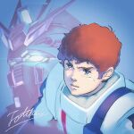  1boy amuro_ray brown_hair char&#039;s_counterattack commentary curly_hair green_eyes gundam male_focus mecha mobile_suit nu_gundam portrait purple_eyes short_hair signature totthii0081 v-fin 