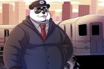  2020 anthro belly black_body black_fur city clothing detailed_background fur giant_panda hat headgear headwear hi_res john_vithor male mammal necktie outside overweight overweight_male shirt solo tongue tongue_out topwear ursid white_body white_fur 