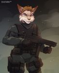  2020 5_fingers anthro blue_eyes brown_hair clothed clothing digital_media_(artwork) domestic_cat felid feline felis fingers hair holding_gun holding_object holding_weapon kaitycuddle male mammal smile solo weapon 