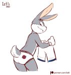  anthro bottomwear buckteeth bugs_bunny bulge butt clothed clothing fingers fur gloves grey_body grey_ears grey_fur grey_tail handwear hi_res iztli lagomorph leporid looking_back looney_tunes male mammal rabbit rear_view shorts simple_background smile solo space_jam teeth text topless two_tone_tail underwear url warner_brothers white_background white_body white_clothing white_fur white_gloves white_tail 