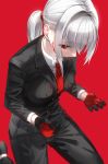  1girl bangs black_jacket blush breasts commentary_request earrings eyebrows_visible_through_hair gloves highres jacket jewelry kfr large_breasts long_hair long_sleeves looking_at_viewer looking_down necktie original red_background red_eyes red_gloves red_neckwear simple_background solo white_hair 