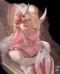 1girl :d absurdres bangs bare_shoulders betabeet blonde_hair blush breasts cleavage collarbone dark_skin draph earrings eyebrows_visible_through_hair fur_trim gloves granblue_fantasy highres horn_ornament horn_ribbon horns jewelry kuvira_(granblue_fantasy) large_breasts long_hair long_sleeves looking_at_viewer open_mouth parted_bangs pointy_ears ribbon smile solo strap_slip upper_body upper_teeth wide_sleeves yellow_eyes 