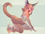  1girl :d bare_shoulders belt blue_eyes boots bow bowtie breasts caracal_(kemono_friends) caracal_ears caracal_tail commentary elbow_gloves eyebrows_visible_through_hair fangs full_body gloves highres kemono_friends kneeling large_breasts mifu_(b24vc1) open_mouth orange_bow orange_gloves orange_hair orange_legwear shirt simple_background skirt smile solo thighhighs two-tone_background white_footwear 
