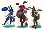  absurd_res big_breasts black_hair blue_eyes breasts butt clothing dragon egg female genitals group hair hi_res horn kanel long_hair nipples pussy reverse_bunny_costume scalie short_hair short_stack simple_background small_breasts smolder 