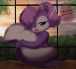  anthro avoid_posting blue_eyes bow english_text eyebrows eyelashes fangs fifi_la_fume fur hair holding_tail papilrux pink_nose purple_body purple_fur purple_hair text tiny_toon_adventures warner_brothers white_body white_fur window 