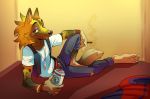  animal_crossing anthro belt beverage blue_bottomwear blue_clothing blue_pants bottomwear bracelet brown_body brown_fur canid canine canis claws clothed clothing fur half-closed_eyes holding_beverage holding_can holding_object jewelry komoroshi_(artist) kyle_(animal_crossing) looking_at_viewer lying male mammal narrowed_eyes necklace nintendo on_side open_mouth pants ring shirt sleeping_bag smoking solo teeth toe_claws topwear torn_clothing vest video_games white_clothing white_shirt white_topwear wolf 