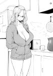  1girl bangs_pinned_back bowl breasts cabinet cleavage closed_mouth coffee cup folded_hair glasses greyscale hair_pulled_back hands_in_pocket hands_in_pockets highres hood hoodie inne_sulistya_robin kitchen large_breasts long_hair microwave monochrome norman_maggot original paper pot refrigerator sidelocks standing thighs unzipped 