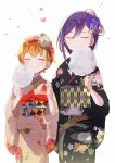  2girls ^_^ bang_dream! black_kimono blonde_hair blue_flower bow checkered_obi clenched_hand closed_eyes cotton_candy earrings eating floral_print flower food hair_bow hair_ornament heart holding holding_food japanese_clothes jewelry kanzashi kimono kitazawa_hagumi multiple_girls obi oto_(rozeko) purple_hair red_bow sash seta_kaoru short_hair smile tassel white_background yellow_flower yellow_kimono 