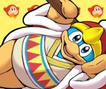  anthro arm_support avian blue_body blue_eyes clothed clothing group headgear headwear king_dedede kirby_(series) leaning_on_elbow looking_at_viewer lying male nintendo on_side open_mouth robe simple_background solo teba_motoko video_games waddle_dee yellow_background 