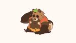  2020 absurd_res anthro belly bennycartoonist blush brown_body brown_fur canid canine eyes_closed fur hi_res leaf male mammal moobs overweight overweight_male raccoon_dog simple_background sitting solo tanuki white_background 