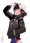  1girl adjusting_clothes adjusting_hat alternate_hair_length alternate_hairstyle azi4645 bandaid bandaid_on_face bangs baseball_cap bodysuit brown_eyes brown_hair bruise d.va_(overwatch) dirty_face fang gloves hair_bun hand_in_hair hat headphones headphones_around_neck highres injury jacket lips overwatch parted_lips pilot_suit shooting_star_d.va solo swept_bangs updo white_gloves wireless zipper_pull_tab 