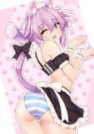  1girl animal_ears ass blush breasts cat_ears cat_tail dress dura frilled_dress frills from_behind hair_between_eyes highres looking_at_viewer maid maid_dress maid_headdress neptune_(neptune_series) neptune_(series) open_mouth panties paw_pose purple_eyes purple_hair short_hair smile solo striped striped_panties tail underwear wrist_cuffs 