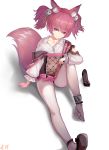  1girl absurdres animal_ear_fluff animal_ears arknights feet fox fox_ears fox_girl fox_tail hair_between_eyes highres holding holding_stuffed_animal huijin_zhi_ling long_sleeves purple_vest red_eyes red_hair shamare_(arknights) shoes shoes_removed short_hair stuffed_animal stuffed_toy tail twintails vest white_legwear 