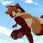  1:1 2017 4_fingers 4_toes ambiguous_gender anthro black_claws blue_sky brown_body brown_ears brown_eyebrows brown_feet brown_fur brown_hair brown_hands brown_inner_ear butt canid canine cheek_tuft chest_tuft claws cloud digital_drawing_(artwork) digital_media_(artwork) dipstick_tail eyebrows facial_tuft fingers first_person_view foot_fetish foot_focus fox fur grey_pawpads hair half-closed_eyes hi_res inner_ear_fluff looking_at_viewer looking_down low-angle_view mammal multicolored_tail narrowed_eyes natalya_(trench-meat) pawpads paws raised_arm raised_leg shaded sky soles solo toe_claws toes trench-meat tuft worm&#039;s-eye_view yellow_eyes 