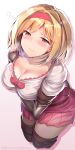  1girl blonde_hair blush boots bow bowtie breasts brown_eyes cleavage covering covering_crotch crying crying_with_eyes_open djeeta_(granblue_fantasy) dress gauntlets granblue_fantasy headband large_breasts looking_at_viewer migumigu pink_bow pink_dress pink_headband pink_headwear short_hair simple_background solo tears thigh_boots thighhighs white_background 