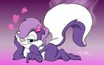  &lt;3 16:10 2017 anthro blue_sclera bow eyelashes female fifi_la_fume joaoppereiraus looking_at_viewer lying pink_nose purple_background purple_body semi-anthro signature simple_background smile tiny_toon_adventures warner_brothers white_body widescreen 