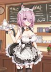  1girl :o alternate_costume animal_ear_fluff animal_ears apron bare_shoulders bell black_legwear blush breasts cat_ears cat_tail cleavage coffee_mug collarbone commentary_request cup enmaided eyebrows_visible_through_hair eyes_visible_through_hair fate/grand_order fate_(series) hair_over_one_eye holding holding_plate indoors kinyoubi_no_nangong_da large_breasts lavender_hair looking_at_viewer maid maid_apron maid_dress mash_kyrielight mug open_mouth plate purple_eyes short_hair solo tail teaspoon thighhighs 