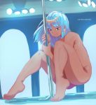  1boy artist_name ass astralseven bangs barefoot blue_hair commentary commission copyright_request dark_skin dark_skinned_male earrings english_commentary feet fingernails from_side hair_ornament highres jewelry long_hair looking_at_viewer male_focus nude otoko_no_ko pink_nails smile stage_lights stripper stripper_pole toes 