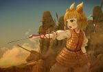  1girl absurdres armor armored_dress army bangs blonde_hair bloomers blunt_bangs cliff cloud commentary double_bun ekaapetto eyebrows_visible_through_hair gradient_sky hair_ribbon haniwa_(statue) highres holding holding_sword holding_weapon horse joutouguu_mayumi light_blush looking_to_the_side mountainous_horizon open_mouth outdoors outstretched_arm puffy_short_sleeves puffy_sleeves ribbon shirt short_hair short_sleeves sky solo standing sword touhou twilight underwear vambraces weapon white_shirt yellow_eyes 