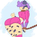  ambiguous_gender angry anthro bent_over blue_eyes bottomwear butt chain clothing collar cremacat cropped_jacket digital_drawing_(artwork) digital_media_(artwork) felid flat_colors fur girly hair hotpants jaguar looking_back mammal pantherine purple_hair shorts simple_background solo spots spotted_body spotted_fur yellow_body yellow_fur 