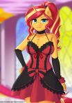  2020 anthro armwear breasts chest_tuft clothed clothing digital_media_(artwork) dress equestria_girls equid eyebrows eyelashes female front_view hi_res horn inside mammal my_little_pony smile solo sunset_shimmer_(eg) text tuft twistedscarlett60 unicorn url 