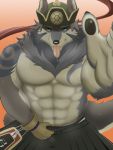  3:4 abs anthro biceps bodily_fluids canid canine canis clothing gloves handwear hi_res jinku_56 leaking_precum male mammal muscular muscular_male neck_tuft pawpads paws pecs solo sweat temujin tokyo_afterschool_summoners tongue tongue_out tuft video_games wolf 