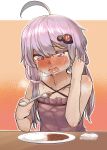  1girl absurdres ahoge bangs bare_arms blush commentary_request crying crying_with_eyes_open curry dish drooling eating eyebrows_visible_through_hair food hair_ornament highres holding holding_spoon nose_blush open_mouth purple_eyes purple_hair saliva short_hair_with_long_locks siwasunohige snot solo spoon sweat tears upper_body voiceroid wet wet_clothes yuzuki_yukari 