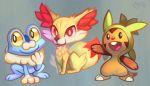  :d black_eyes burnbuckie chespin closed_mouth commentary creature english_commentary fennekin froakie frog full_body gen_6_pokemon grey_background happy no_humans open_arms open_mouth pokemon pokemon_(creature) red_eyes signature simple_background smile standing 