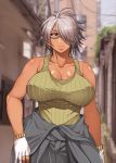  1girl bare_shoulders blurry blurry_background breasts brown_eyes cleavage closed_mouth collarbone commentary_request dark_skin glasses gloves green_tank_top hair_over_one_eye highres korotsuke large_breasts original outdoors partly_fingerless_gloves ribbed_shirt shirt short_hair silver_hair standing tan tank_top telephone_pole tied_cothes white_gloves 