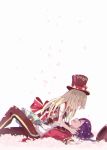  2girls back_bow bang_dream! bangs black_headwear black_pants blonde_hair bow closed_eyes clothes_writing hat hat_removed hat_ribbon headwear_removed jacket knee_up long_hair lying multiple_girls on_back open_mouth oto_(rozeko) pants petals purple_hair red_jacket red_ribbon ribbon seta_kaoru short_sleeves smile striped top_hat tsurumaki_kokoro white_background yuri 