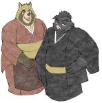  2020 anthro belly black_body black_fur brown_body brown_fur canid canine clothing domestic_pig duo exe_exem fur humanoid_hands kemono male mammal overweight overweight_male raccoon_dog robe simple_background suid suina sus_(pig) tanuki white_background 