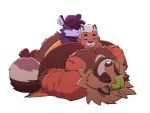  2020 4:3 anthro belly brown_body brown_fur canid canine clothing eyes_closed fur group hat headgear headwear hi_res leaf lemusuniverse lying male mammal moobs overweight overweight_male raccoon_dog simple_background tanuki white_background 