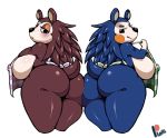  2020 absurd_res animal_crossing anthro apron apron_only big_breasts big_butt blue_body blue_fur blush breasts brown_body brown_fur butt butt_bump clothing duo eulipotyphlan female fur half-closed_eyes hedgehog hi_res lollipopcon mabel_able mammal mostly_nude narrowed_eyes nintendo sable_able sibling simple_background sister sisters smile video_games white_background 