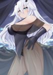  1girl bare_shoulders black_dress black_gloves black_heart blue_eyes breasts cleavage dress dura gloves highres long_hair looking_at_viewer medium_breasts neptune_(series) power_symbol see-through smile solo symbol-shaped_pupils very_long_hair white_hair 