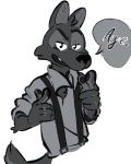  4:5 5_fingers anthro arm_tuft canid canine canis clothed clothing elbow_tufts fingers gesture head_tuft looking_at_viewer male mammal miikesobi open_mouth simple_background solo speech_bubble suspenders teeth text tuft wolf 