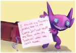  box claymation-nightmares commentary creature english_commentary english_text full_body grin holding jewelry_box no_humans pearl_(gemstone) pet_shaming pokemon pokemon_(creature) simple_background smile solo watermark web_address yellow_background 