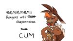  16:9 ahegao anthro avian beak bird black_text bodily_fluids brown_body brown_feathers burger cum cum_on_beak cum_on_body cum_on_food cum_on_hand eating feathers food genital_fluids hi_res holding_food holding_object justsfer looking_pleasured male pretzel_(piemations) simple_background solo text tongue tongue_out white_background widescreen 