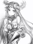  1girl bangs blush breasts circlet closed_mouth contrapposto flower gauntlets greyscale hair_flower hair_ornament highres jewelry kid_icarus large_breasts long_hair looking_at_viewer monochrome nanashi_(nlo74593630) necklace nipples nude palutena parted_bangs simple_background solo white_background 