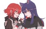  2girls animal_ear_fluff animal_ears arknights arm_around_shoulder black_capelet black_gloves blue_hair capelet chinese_commentary earrings english_commentary exusiai_(arknights) fingerless_gloves food gloves hair_between_eyes hug jacket jewelry kotori_(b-i-r-d) long_hair mixed-language_commentary mouth_hold multiple_girls open_mouth orange_eyes pocky red_hair short_hair simple_background smile texas_(arknights) tongue tongue_out upper_body white_background white_jacket wolf_ears yuri 