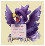  bird bird_focus claymation-nightmares commentary creature english_commentary full_body gen_2_pokemon highres murkrow no_humans pokemon pokemon_(creature) simple_background solo tumblr_username watermark web_address yellow_background 