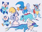  2019 absurd_res ambiguous_gender amphibian avian beak blue_background blue_body blue_eyes blue_markings blue_pawpads bluerm blush eeveelution eyewear feral fin fish freckles hi_res jumping long_tail lutrine mammal marine markings membrane_(anatomy) mudkip mustelid nintendo open_mouth orange_nose oshawott pawpads piplup pok&eacute;mon pok&eacute;mon_(species) red_eyes reptile scalie sharp_teeth shell signature simple_background sitting sobble spikes squirtle standing sunglasses teeth totodile vaporeon video_games walking webbed_feet whiskers white_body 